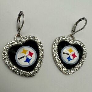 Pittsburgh Steelers Black Heart Silver Tone Earrings with Logo and Crystals